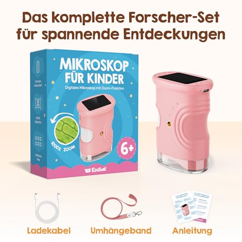 Edubini Digitales Mikroskop für Kinder [1000-fache Vergrößerung] - Tragbares Taschenmikroskop für Garten, Wald & Experimente - Kindermikroskop Spielzeug mit digitalem HD-Bildschirm [inkl Fotofunktion]