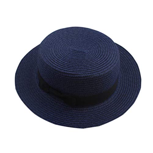 Elonglin Femme et Enfant Chapeau de Paille de Soleil Panama Capeline Chapeau Porkpie avec Nœud Papillon Bleu Foncé Adulte