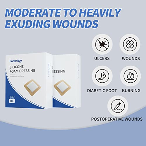 Silicone Adhesive Foam Dressing, Doctor.roo 4"X4" Waterproof Wound Dressing Bandage With Gentle Border For Surgical Wounds, Bed Sore, Leg Ulcers, Diabetic Ulcers, Acne Care, Blisters, Burns, 10-Pack #TOP4