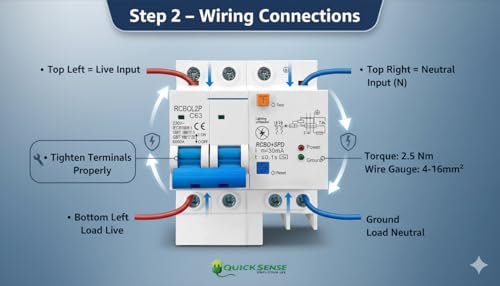 Image of Quick Sense (QS-CB01) Circuit Breaker | 63A Double Pole with Leakage Protection | Overload, Short Circuit & Surge Protection | AC 230-400V | DIN Rail Safety Breaker for Home, Office & Industrial Use