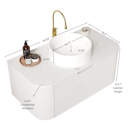 Image of KEIKI 36 inch Wall-Mounted Floating Bathroom Vanity with Sink, Modern 3D Striped Cabinet, Soft-Close Drawer, Space-Saving Minimalist Design, Pre-Assembled, White