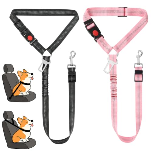 OFFCUP 2 Piezas Cinturón de Seguridad Ajustable para Perros, Arnés de Seguridad para Coche con Costuras Reflectantes, Cinturon Perro Coche para Perros y Gatos de Todos Los Tamaños (Negro + Rosa)