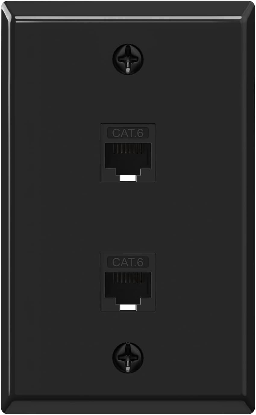 VCE Ethernet Wall Plate 2-Port (UL Listed), Cat6 Female to Female Wall Jack, RJ45 Keystone Inline Coupler Wall Outlet, Black (1-Pack)