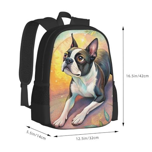 Large Capacity Watercolor Painting Boston Terrier Dog Boho Style Pastel Backpack Multipurpose Bag Zipper Unisex 17 in3