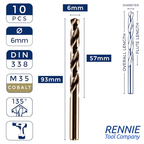 Rennie Tools - Box of 10 x 6mm HSS Gold Cobalt Jobber Drill Bit Set For Stainless Steel, Hard Metals, Aluminium, Cast Iron, Copper. Twist Drill Bit Sets Supplied In A Box. 6mm Drill Bit Set 2 Rennie Tools - Box of 10 x 6mm HSS Gold Cobalt Jobber Drill Bit Set For Stainless Steel, Hard Metals, Aluminium, Cast Iron, Copper. Twist Drill Bit Sets Supplied In A Box. 6mm Drill Bit Set - Image 2