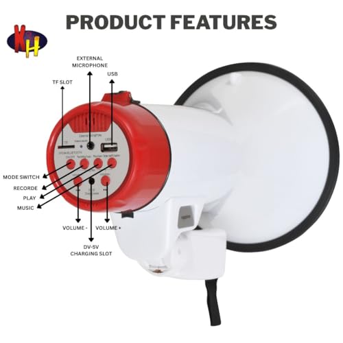 Image of kh 50 Watts Handheld Megaphone with Recorder Bluetooth USB and Memory Card Input for Announcing; Talk; Record; Play; Siren; Music with Battery and Charger Megaphone Speaker PA Bullhorn