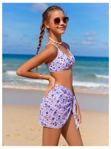 Image of OYOANGLE Girl's 3 Piece Bikini Sets Floral Print Spaghetti Straps Cute Swimsuits with Beach Skirt Bathing Suits