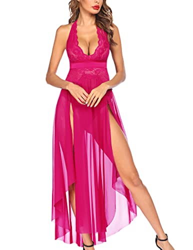 Image of SSoShHub Women Lingerie Deep V Neck Nightwear One Piece Sexy Nightgowns Mosaic Lace Mesh Dress