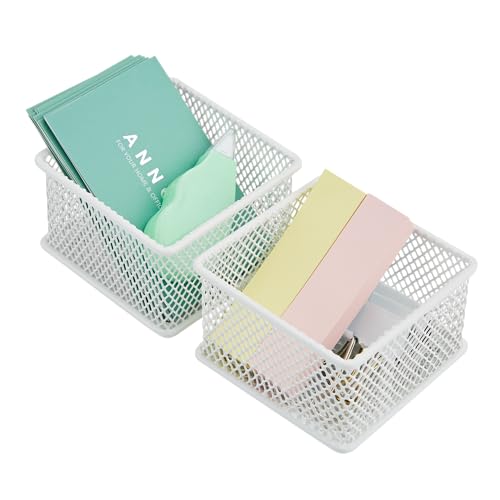 Annova Mesh Drawer Cabinet and Shelf Organizer Bins Storage Basket School Office Supply Holder Tray- Set of 2 (White, 7.5x7.5x5 cm)