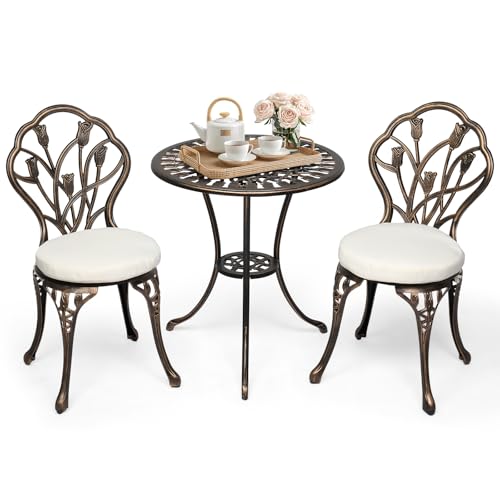 Bonnlo Bistro Set Bistrotisch mit 2 Stühlen & 2 Kissen Gartenmöbel Set aus Gussaluminium Wetterfest & Abnehmbar für Garten Balkon Terrasse & Indoor Bronze mit Kontrast-Kissen in Weiß