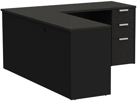 Bestar Pro-Concept Plus 72W L-Shaped Desk with Pedestal in deep Grey & Black | With Pedestal; with Narrow Desk Shell, Return Table; 1 file drawer, 2 box drawers; for home office use
