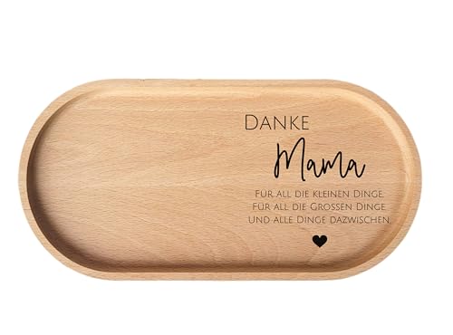 Personalisiertes Holztablett mit Gravur für Mama, Ovales Frühstückstablett aus Buchenholz, 'Danke Mama' Geschenk zum Muttertag. 25 x 12 cm - Buchenholz mit Stopper (OHNE Personalisierung)