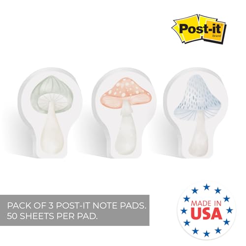 Image of Mushroom Shaped Sticky Note Pad Assortment /Set of 3 / Watercolor Style / 2.6875 inch x 3.8125 inch Whimsical Sticky Notes / 50 Sheets Per Pad /Made in The USA