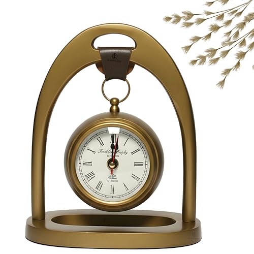 CUPRADO Antique Brass Table Clock with Leather Handle | Vintage Roman Numeral Dial, Decorative Mantel & Desk Clock | Elegant Home & Office Décor Gift