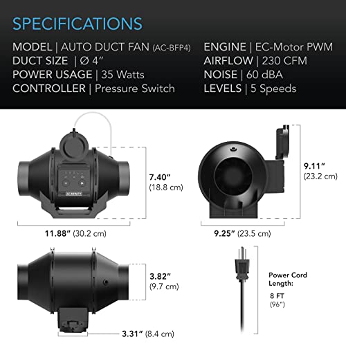 Ac Infinity AC-BFP4 Automatic Duct Fan 4", Inline Fan With Differential Fan Pressure Switch thumb #5