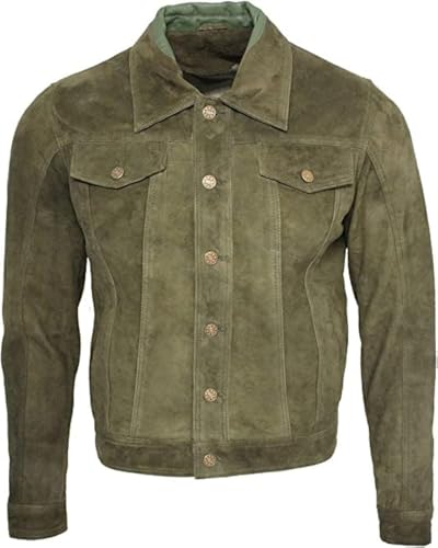 Image of Vintage Trucker Suede Leather Jacket Men - Classic Denim Biker Cafe Racer Causal Western Jacket