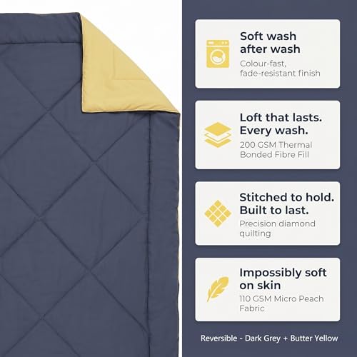 Image of Epicasa Reversible Comforter | 200 GSM Thermal Bonded Fill | 110 GSM Micro Peach Fabric | All Season AC Quilt | Diamond Quilted | Lightweight Duvet Blanket for Home Bedroom | Cool Grey & Butter Yellow