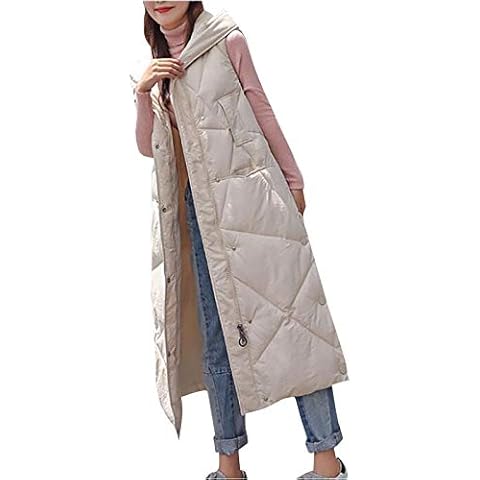 HHMY Women's long quilted vest: long vest with hood, sleeveless jacket, elegant quilted coat, calf-length winter transition jacket, women's fashion down jacket made of cotton, M - XL, beige, L Cover