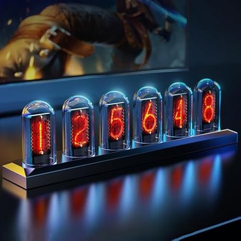 MOSHOU Nixie Tube Clock, RGB Glow Tube Clock 5 IPS Color Screen Digital Tube Clock, Customized Electronic Album, New Weather Mode, Desktop Digital Clock Decoration Gift (Regular Black) Cover