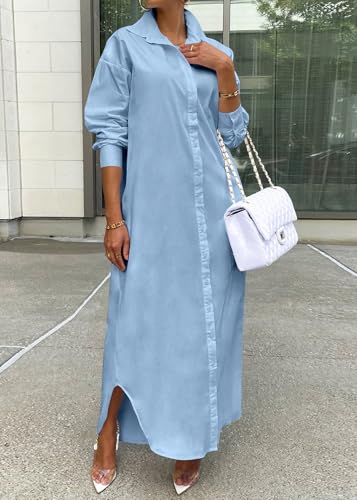 Image of Choichic Shirt Dresses for Women Casual Long Sleeve Cotton Button Down Maxi Dresses