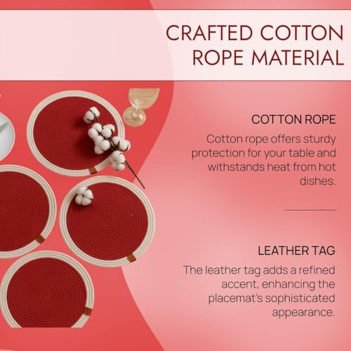 Image of Cotton Rope Placemats, Round Red with White Border, Set of 4, Heat Resistant Table Mats