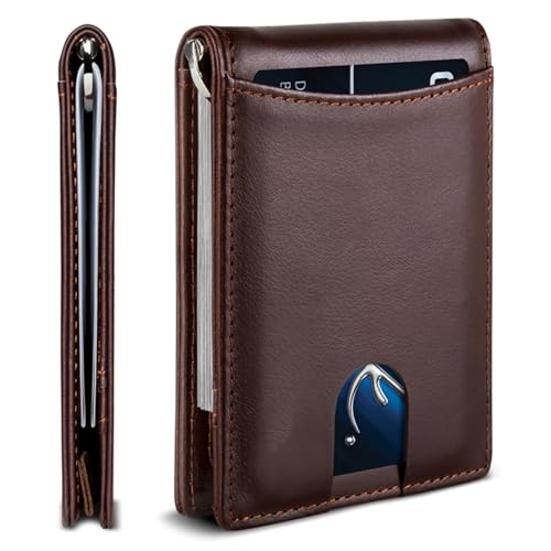 Genuine Leather Wallet for Men Slim with Money Clip RFID Blocking Card Holder Minimalist Mini Bifold Front Pocket Secure and Compact (Dark Brown)