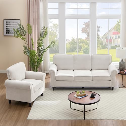 Image of Kingfun 3 Seater Couch, Mid Century Modern Sofa Set with Rolled Arms and Deep Seats, Fluffy Comfort for Living Room, Apartment, Easy Assembly, Beige