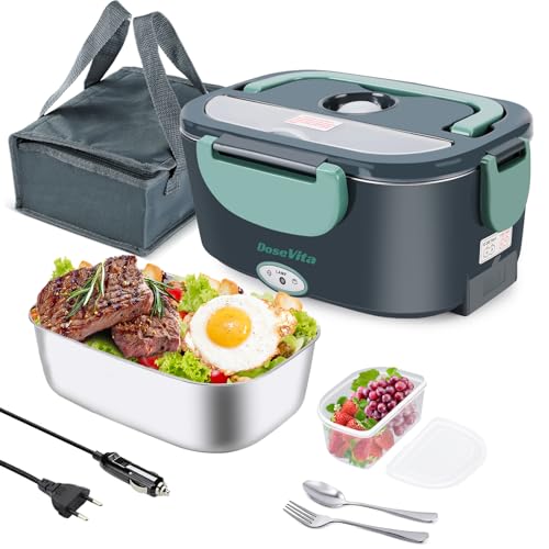 Dosevita 80W Fiambrera Eléctrica,Calentador de Comida Portátil con Recipiente de Acero Inoxidable de 1.5L, 12/24/220V Fiambrera Calentable para Hombre para Coche Camión Trabajo (Verde)