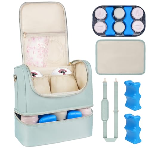 Image of Jaffzora Wearable Breast Pump Bag with Cooler Compartment Fits for Willow/Elvie/Momcozy M5/S12 Pro/Medela, Breast Milk Travel Tote Bag with Ice Pack & Waterproof Mat,Mint Green