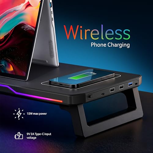 Image of Acer DeskPro Monitor /Laptop Stand with 15W Wireless Charging, RGB LED (10 Modes: Breathing, Flashing, Running, Gradient), USB Hub (3USB +Type-C), Ergonomic Riser, 25kg Load, ABS Build, Desk Organizer