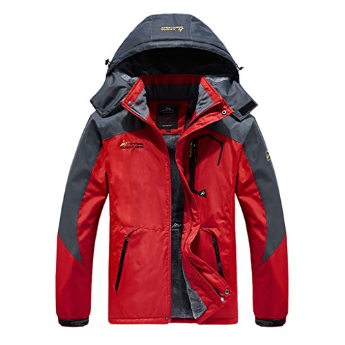 Pervobs Men's Mountain Snow Waterproof Ski Jacket Detachable Hood Windproof Fleece Parka Rain Jacket Winter Coat(XL, Red)