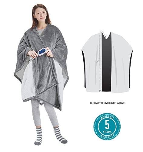 Comfort Spaces Plush To Sherpa Electric Blanket Shawl Shoulder, Neck Wrap With Matching Sock Set Giftable Ultra Soft, Warm, Snuggle Fleece-Reversible Heated Poncho Throw, 50" W X 64" L, Grey #TOP1