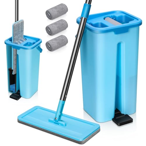 MASTERTOP Juego de Fregona Mopa con Cubo Escurridor Fregona Autoescurrible Mopas con 3 Almohadillas Microfibra para Limpiar Azulejos Paredes Azul