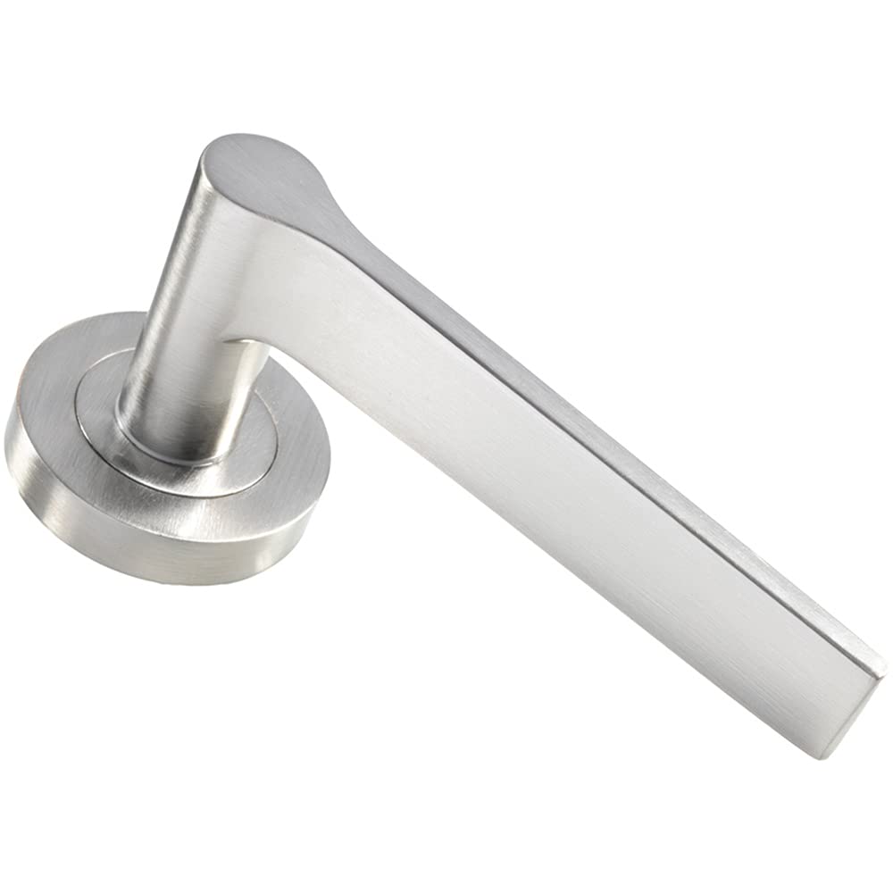 Loops Satin Nickel Pair Straight Rounded Handle On Round Rose - Concealed Fix - | Designer Door Handle Lever On Screwless Rose - Internal Door Hardware - Screws, Fixings And Spindle Included
