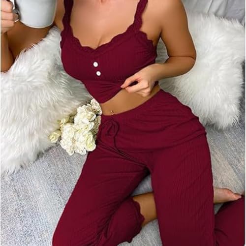 Damen Sexy 2-Teilig Pyjama Set Spitzen Schlafanzug Bauchfrei Cami Top Lange Hosen V-Ausschnitt Nachtwäsche Elegant Ärmellos Reizwäsche Weich Loungewear Bequem Negligee Elastisch Hausanzug – Bild 4