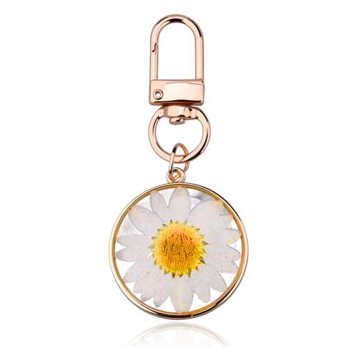 Daisy Dried Flower Keychain Keyring for Women Chrysanthemum Pressed Flower Key Chain for Bag Backpack Key Accessory Charm for Friend Christmas Birthday Gifts for Girl Floral Resin Key Decor