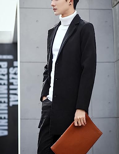 Springrain Men's Wool Blend Pea Coat Notched Collar Single Breasted Overcoat Warm Winter Trench Coat(Black-M)