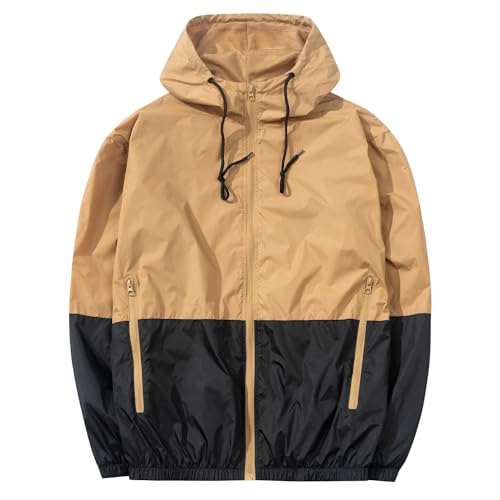 XiaoYouYu Men's Lightweight Windbreaker Jackets Outdoor Hooded Pocket Raincoat Jacket (Coffee, XX-Large)