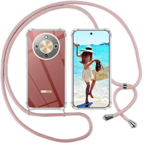 ISOI Funda con Cuerda para Honor Magic 8 Lite, Carcasa Transparente TPU Suave Silicona Case con Correa Colgante Ajustable Collar Correa de Cuello Cadena Cordón, Rosado