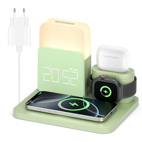 Cargador Inalambrico 3 en 1 Compatible con iPhone Apple Watch Air-Pods, Estacion de Carga para Samsung, lampara mesita Noche, Reloj Despertador Digital de luz, Wireless Charger 17/16/15/14/13-Verde