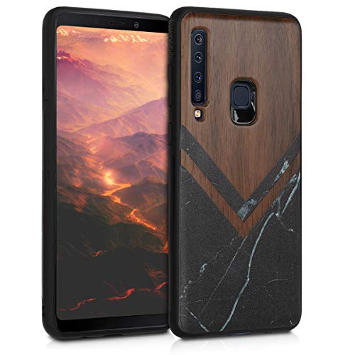 kwmobile Funda Compatible con Samsung Galaxy A9 (2018) - Funda de Madera de Nogal Madera y mármol Negro/Blanco/marrón Oscuro
