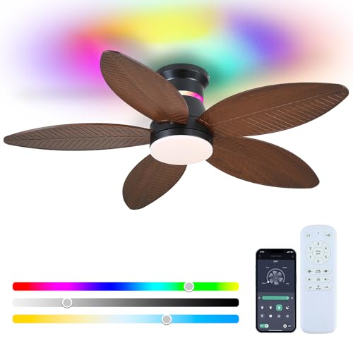 Tropical Palm Leaf RGB Ceiling Fans with Lights 46 Brown Flush Mount Ceiling Fan with Light and Remote 3CCT Dimmable LED&&Side RGB Light Reversible 6 Speeds Quite Low Profile Ceiling Fan Party