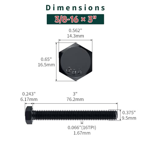 Image of 3 /8-16 x 3 Hex Bolts with Nuts and Washers (8 Sets), 18-8 (304) Stainless Steel, External Hex Drive, Black Oxide Coated Hexagon Head Bolts Screws, Fayeploo