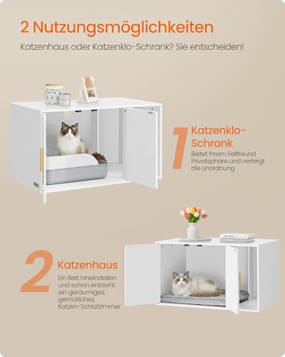 Feandrea Katzenklo-Schrank, Moderne Katzentoilette, Katzenhaus, Vordereingang, Doppeltüren mit Griffen, Beistelltisch, für Wohnzimmer, 80 x 50 x 45 cm, mattweiß PCL020WB02 – Bild 4