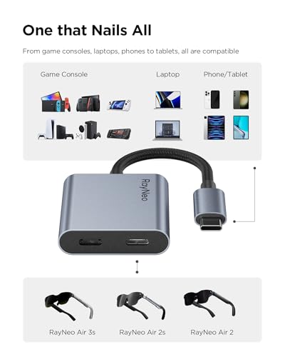 Image of RayNeo USB-C to Glasses Charging Adapter - Charge & Play, for Switch (Not Switch 2) /PS5 /Xbox /Mac /Laptops & DP Alt Mode Devices, 100W PD Charging & 4K@60Hz Output - for Air 4 /Air 3 Series AR Glasses