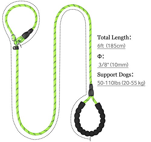 TagME Retrieverleine mit Zugstopp,Reflektierende Seilleine 185 cm Moxonleine,Weicher gepolsterter Griff,10mm für Mittlere Hunde,Grün