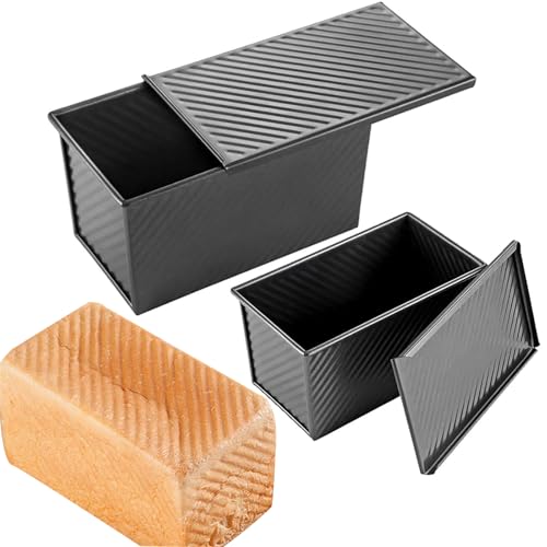 2 Packs Pullman Loaf Pan with Lid, 1 lb Dough 0.5 lb Dough Capacity, Carbon Steel Corrugated, Nonstick Sandwich Bread Loaf Pan with Lid
