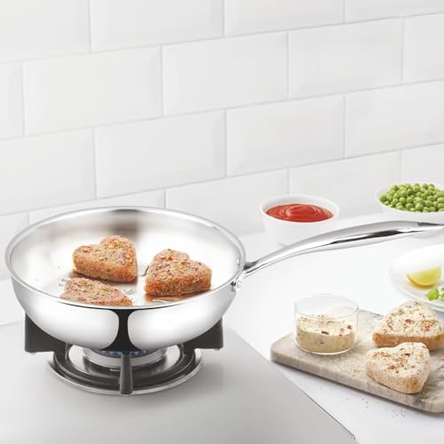 Image of Borosil Cookfresh Tri-ply Stainless Steel Frypan with Handle | Gas, Induction Compatible | SS304 Food Grade Steel Frying Pan | Even Heat Distribution | Dishawasher Safe | 5 Year Warranty (2.3 L)