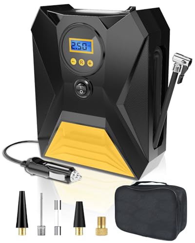 Lorrtta Gonfleur Pneus Voiture Portable, 12V, Affichage Numérique, Mémoire Intelligente, Arrêt Automatique, Quatre Unités Mesure, Gonflage Rapide, Lumière LED, pour Voiture, Vélo, Moto, Balle (Jaune)