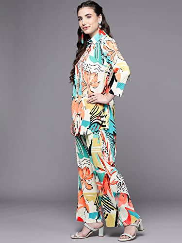 Image of INDO ERA Women's Silk Blend Tunics Printed Top with Pant Lounge Wear Night Dress (LWCD0ML1011 Cream S to XXL-Size)
